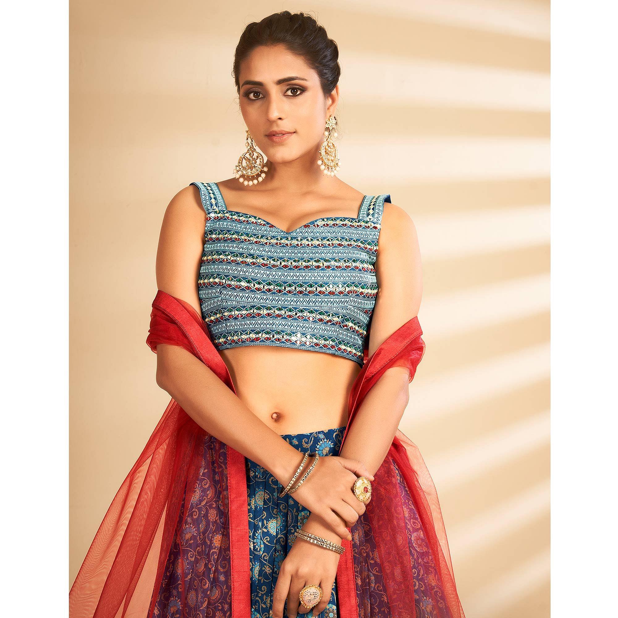 Blue Floral Printed Art Silk Lehenga Choli - Peachmode