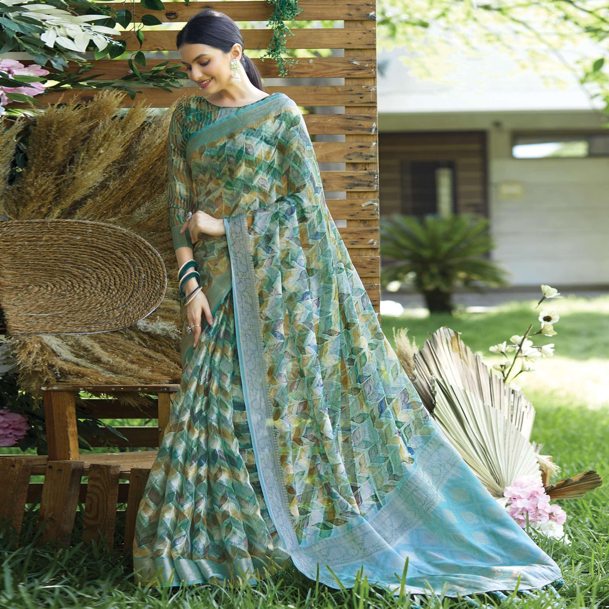 Blue Floral Printed Art Silk Saree With Tassels - Peachmode