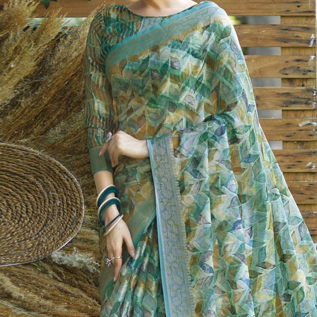 Blue Floral Printed Art Silk Saree With Tassels - Peachmode