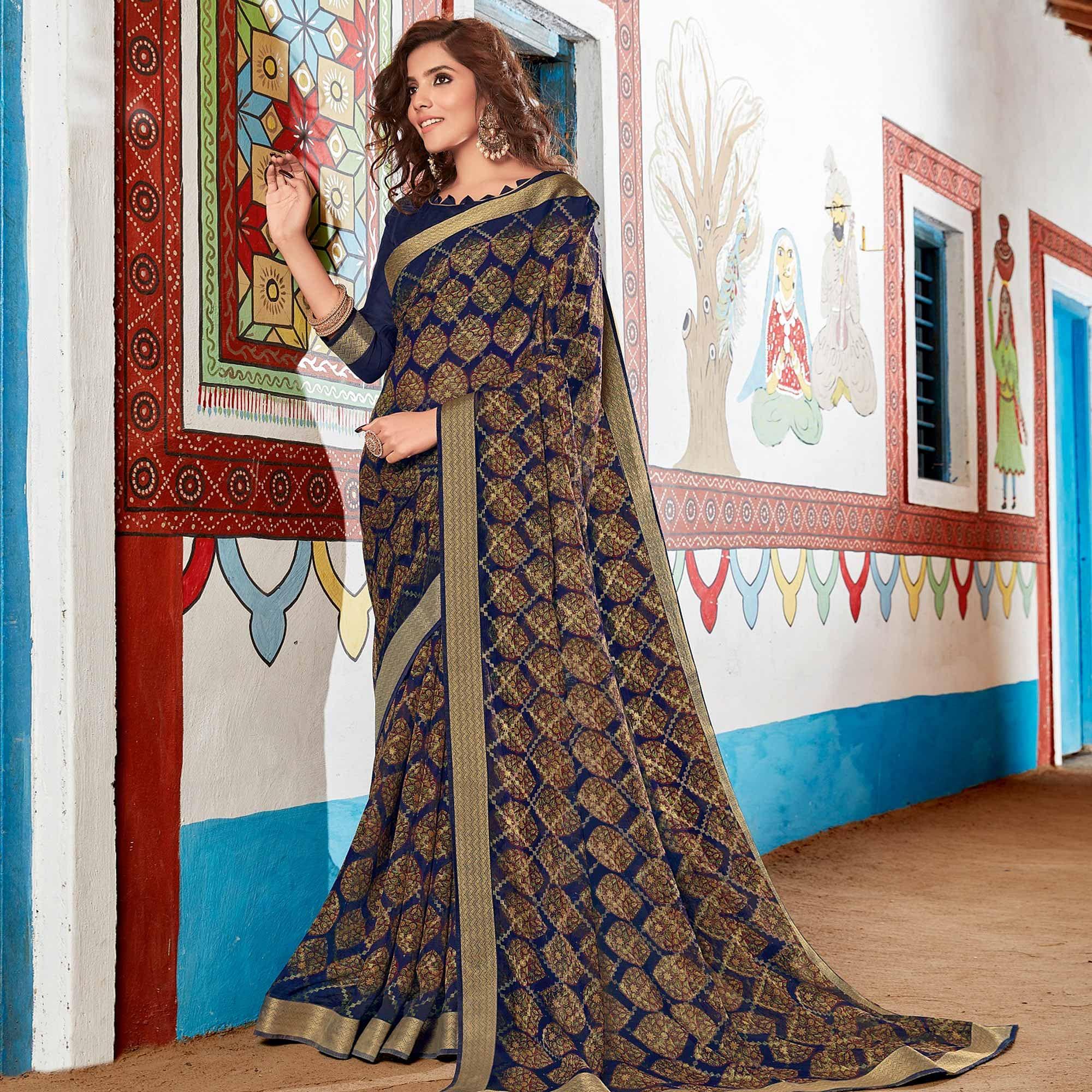 Blue Floral Printed Brasso Saree - Peachmode