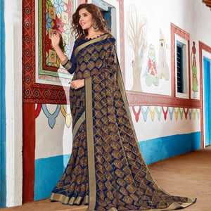 Blue Floral Printed Brasso Saree - Peachmode