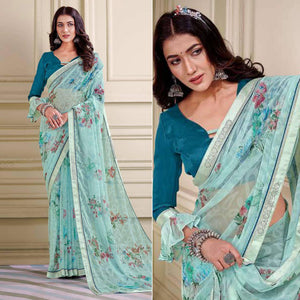 Blue Floral Printed Brasso Saree - Peachmode