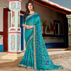 Blue Floral Printed Brasso Saree - Peachmode