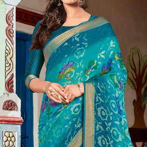 Blue Floral Printed Brasso Saree - Peachmode