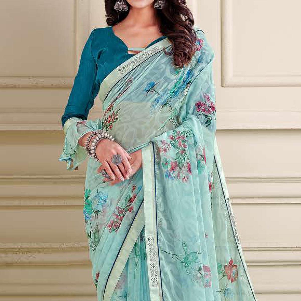 Blue Floral Printed Brasso Saree - Peachmode