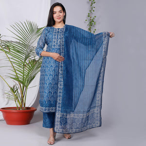 Blue Floral Printed Chanderi Salwar Suit - Peachmode