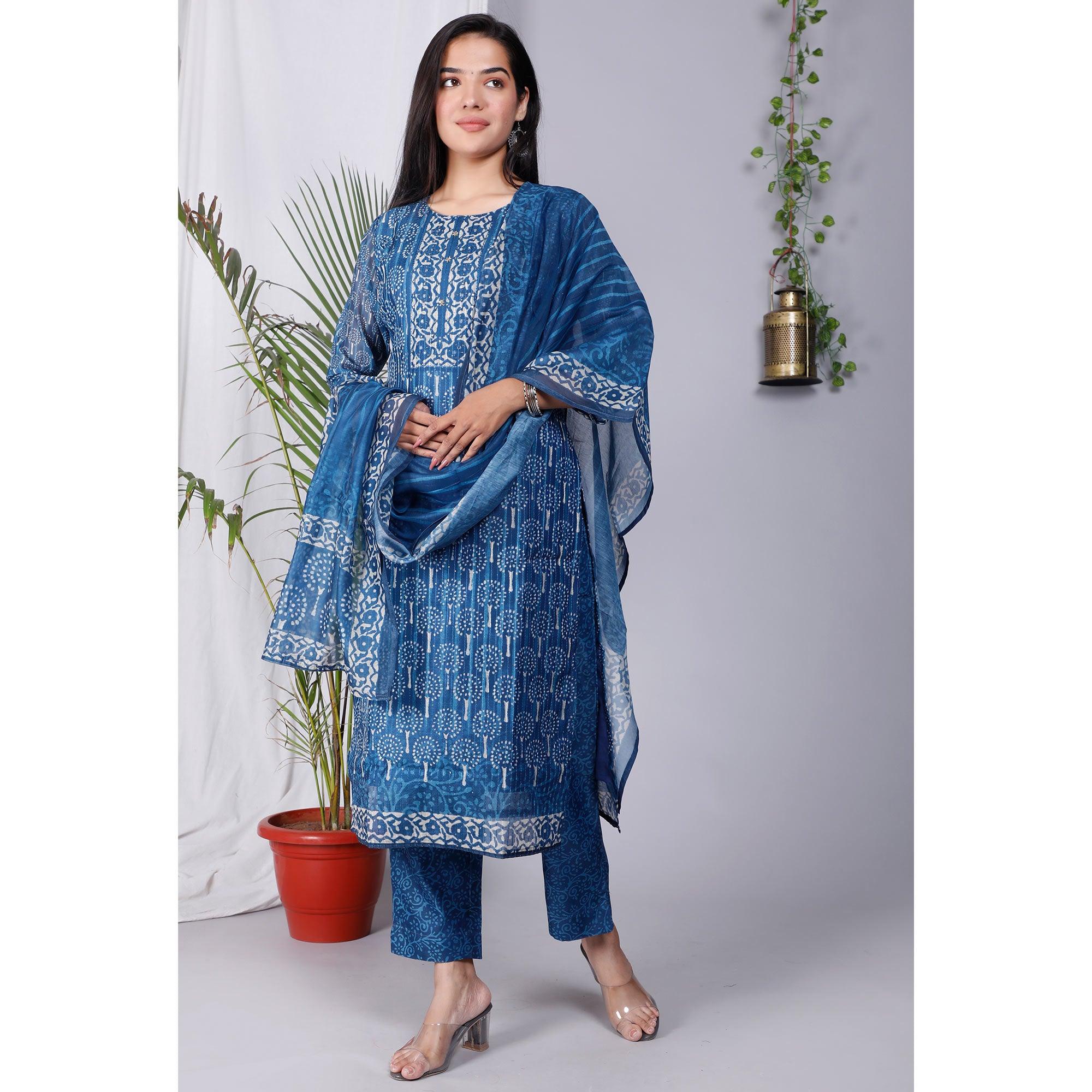 Blue Floral Printed Chanderi Salwar Suit - Peachmode