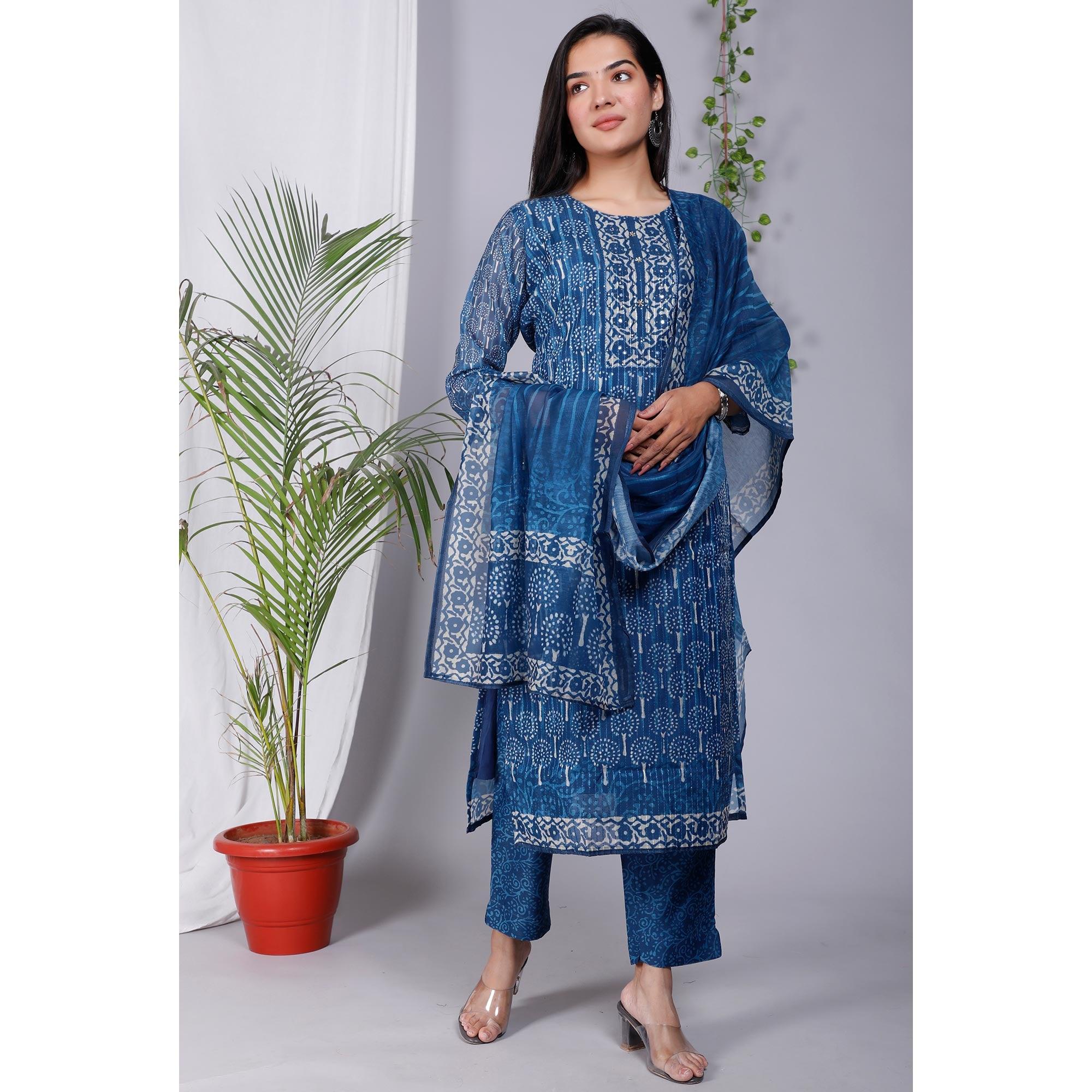 Blue Floral Printed Chanderi Salwar Suit - Peachmode