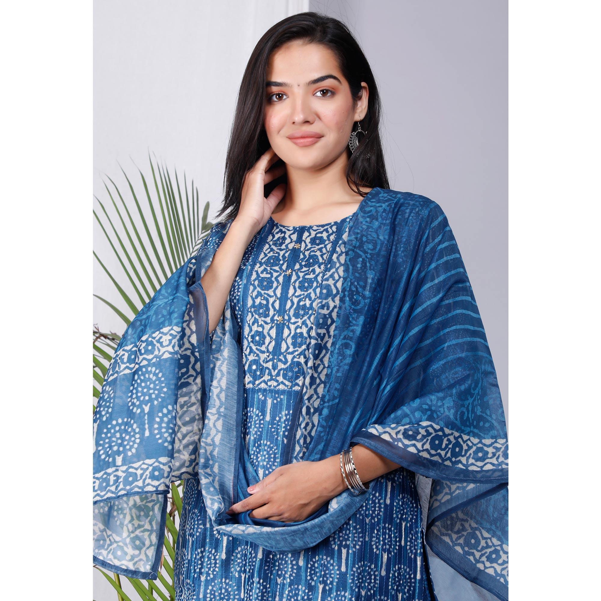 Blue Floral Printed Chanderi Salwar Suit - Peachmode