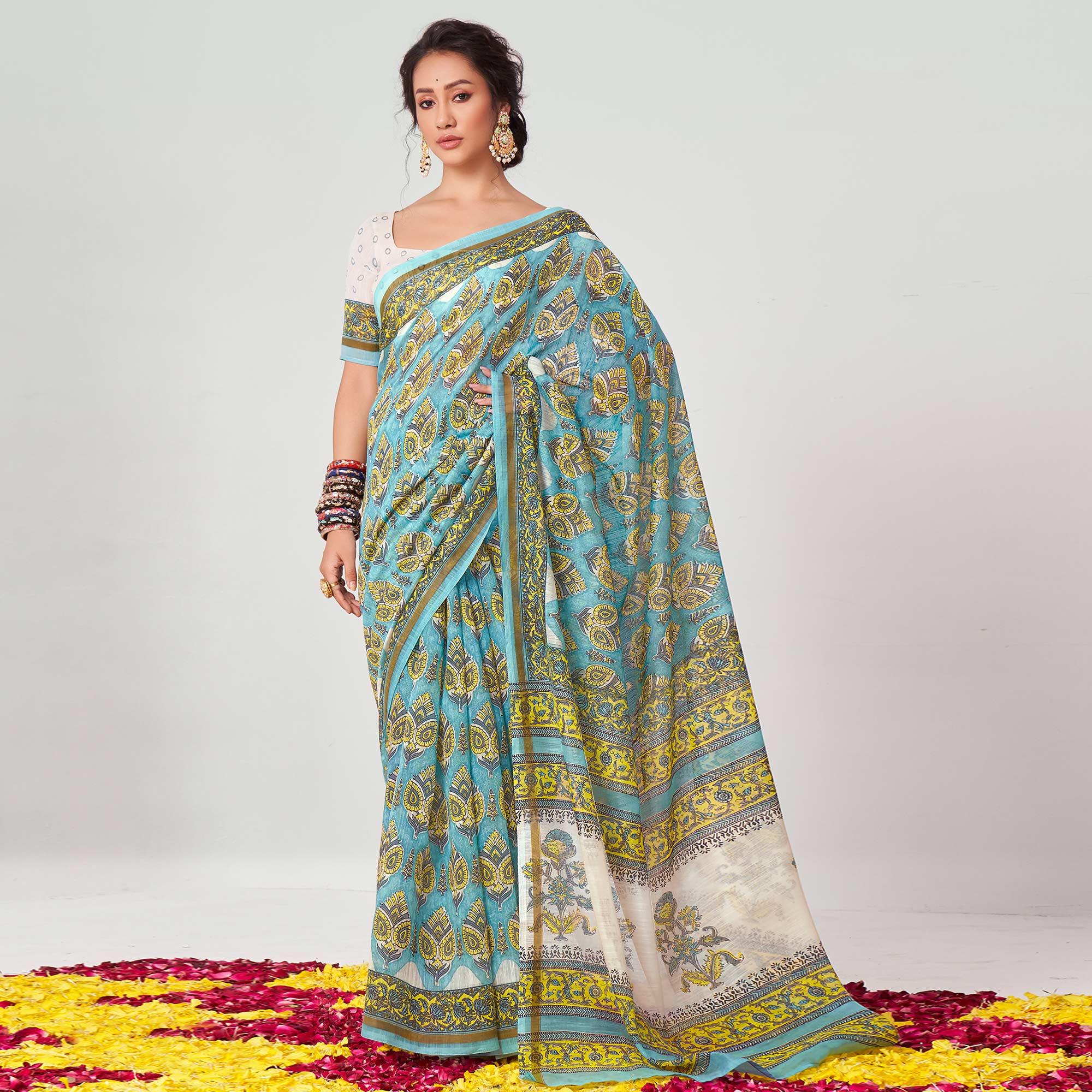 Blue Floral Printed Chanderi Saree - Peachmode