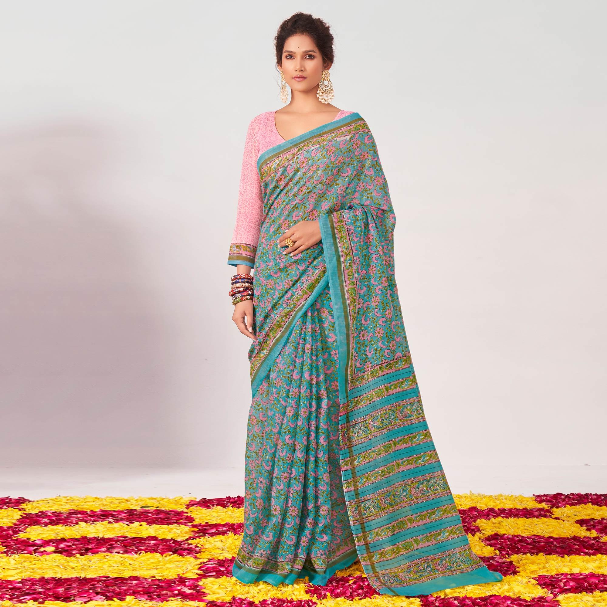 Blue Floral Printed Chanderi Saree - Peachmode