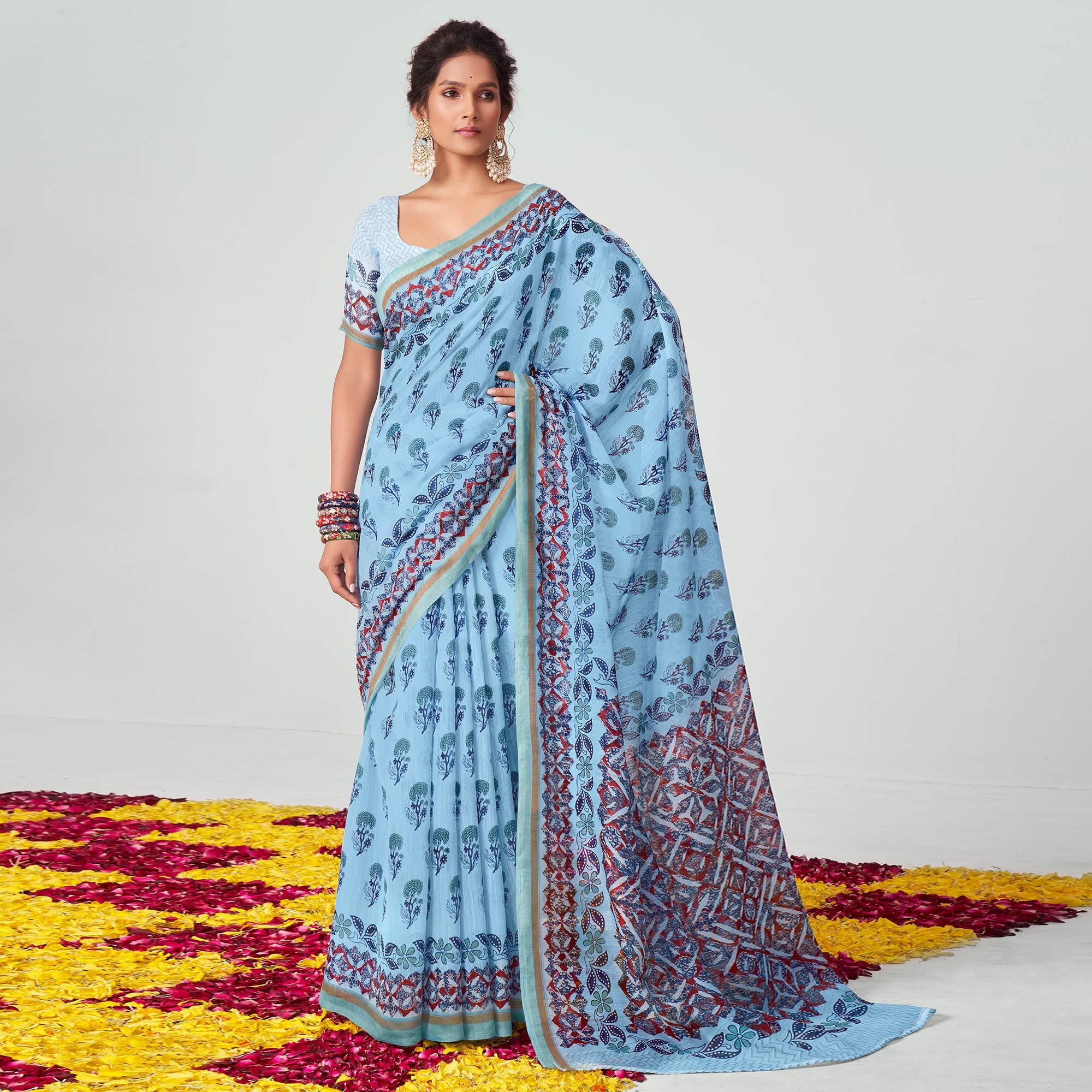 Blue Floral Printed Chanderi Saree - Peachmode