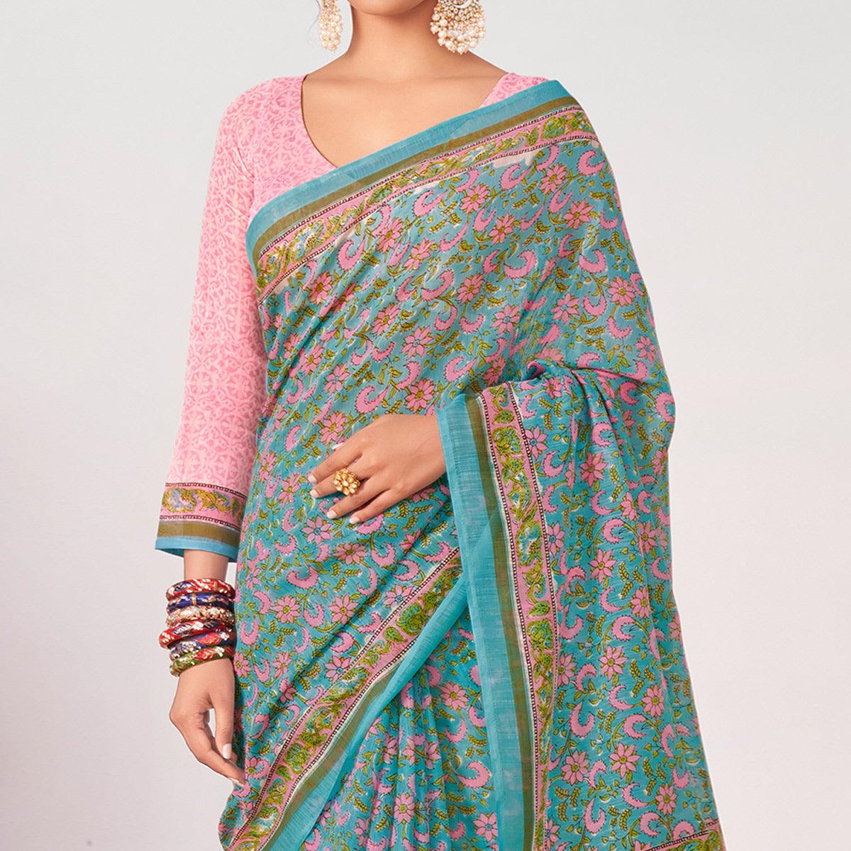 Blue Floral Printed Chanderi Saree - Peachmode