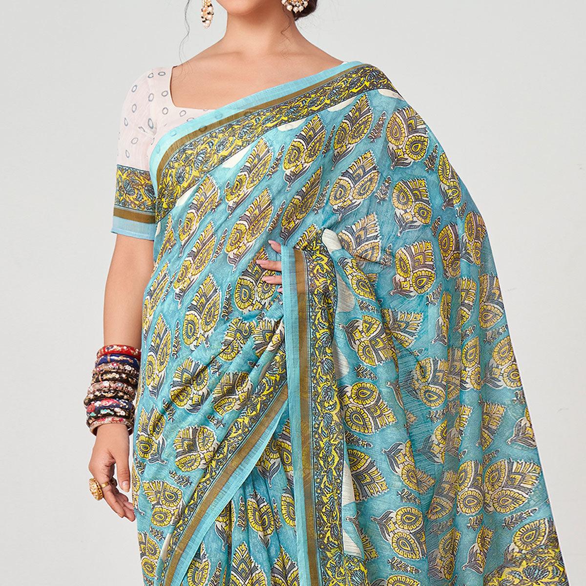Blue Floral Printed Chanderi Saree - Peachmode