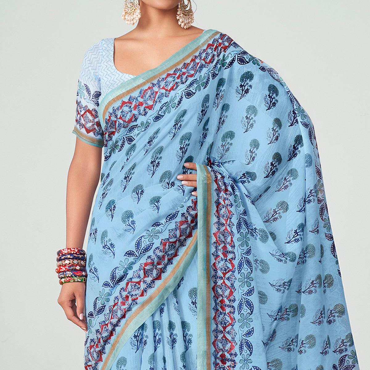 Blue Floral Printed Chanderi Saree - Peachmode