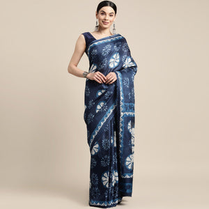 Blue Floral Printed Cotton Silk Saree - Peachmode