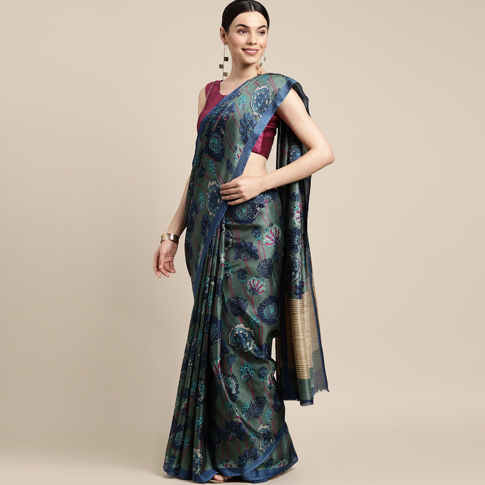 Blue Floral Printed Cotton Silk Saree - Peachmode