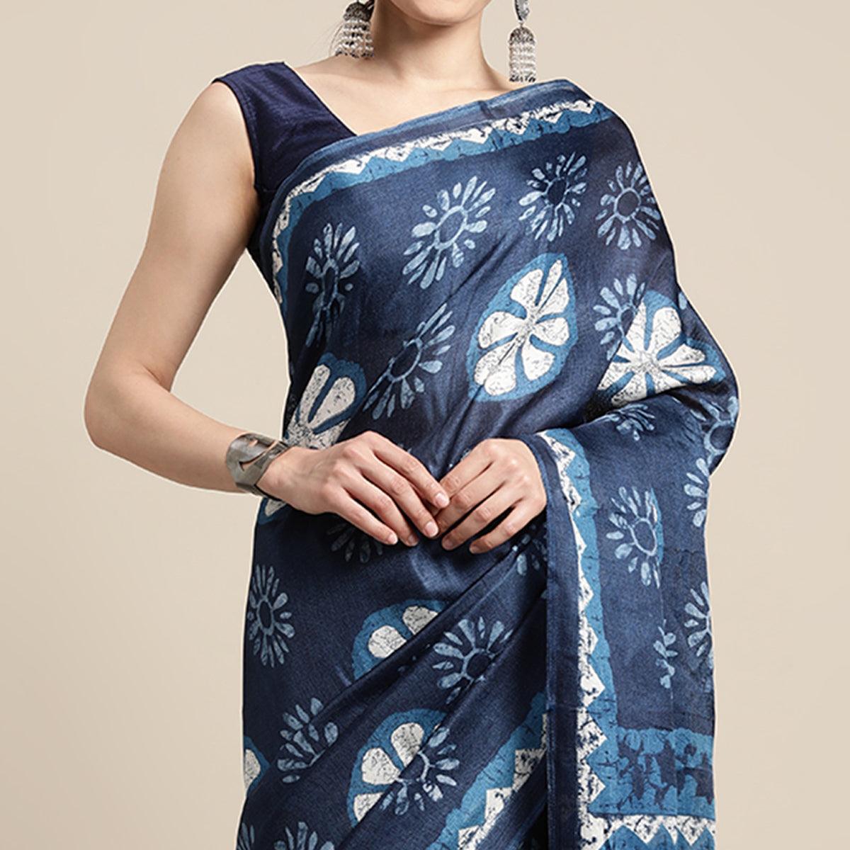 Blue Floral Printed Cotton Silk Saree - Peachmode