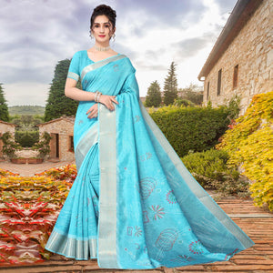 Blue Floral Printed Dola Silk Saree - Peachmode