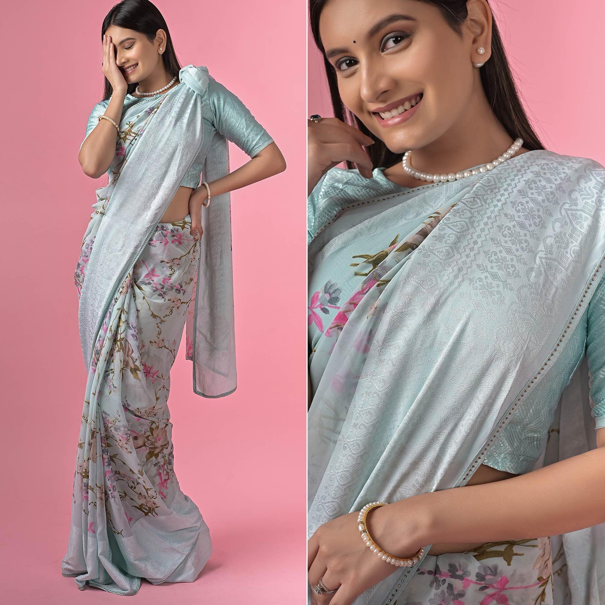 Blue Floral Printed Georgette Saree - Peachmode