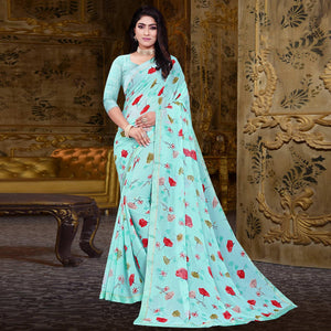 Blue Floral Printed Georgette Saree - Peachmode