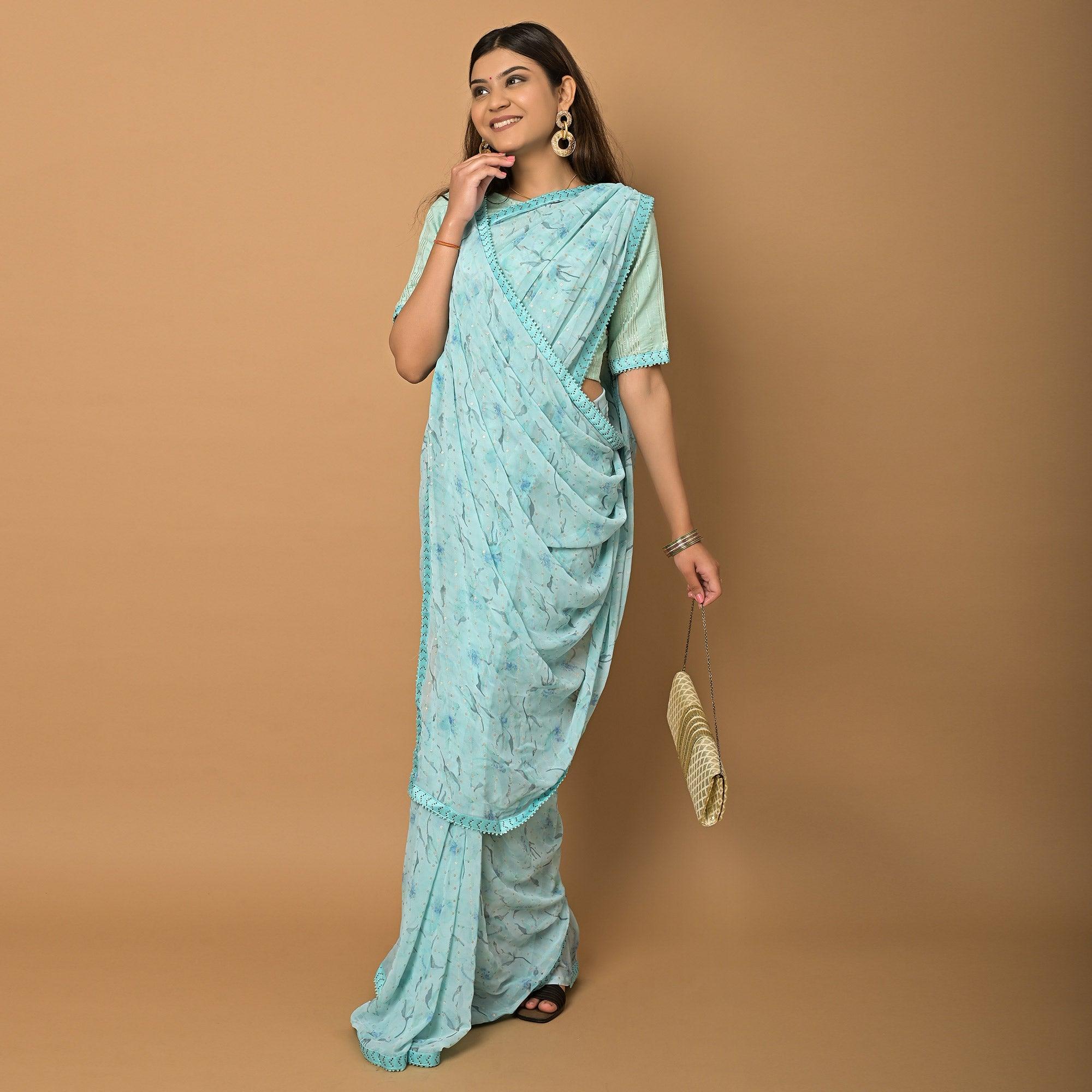 Blue Floral Printed Georgette Saree - Peachmode