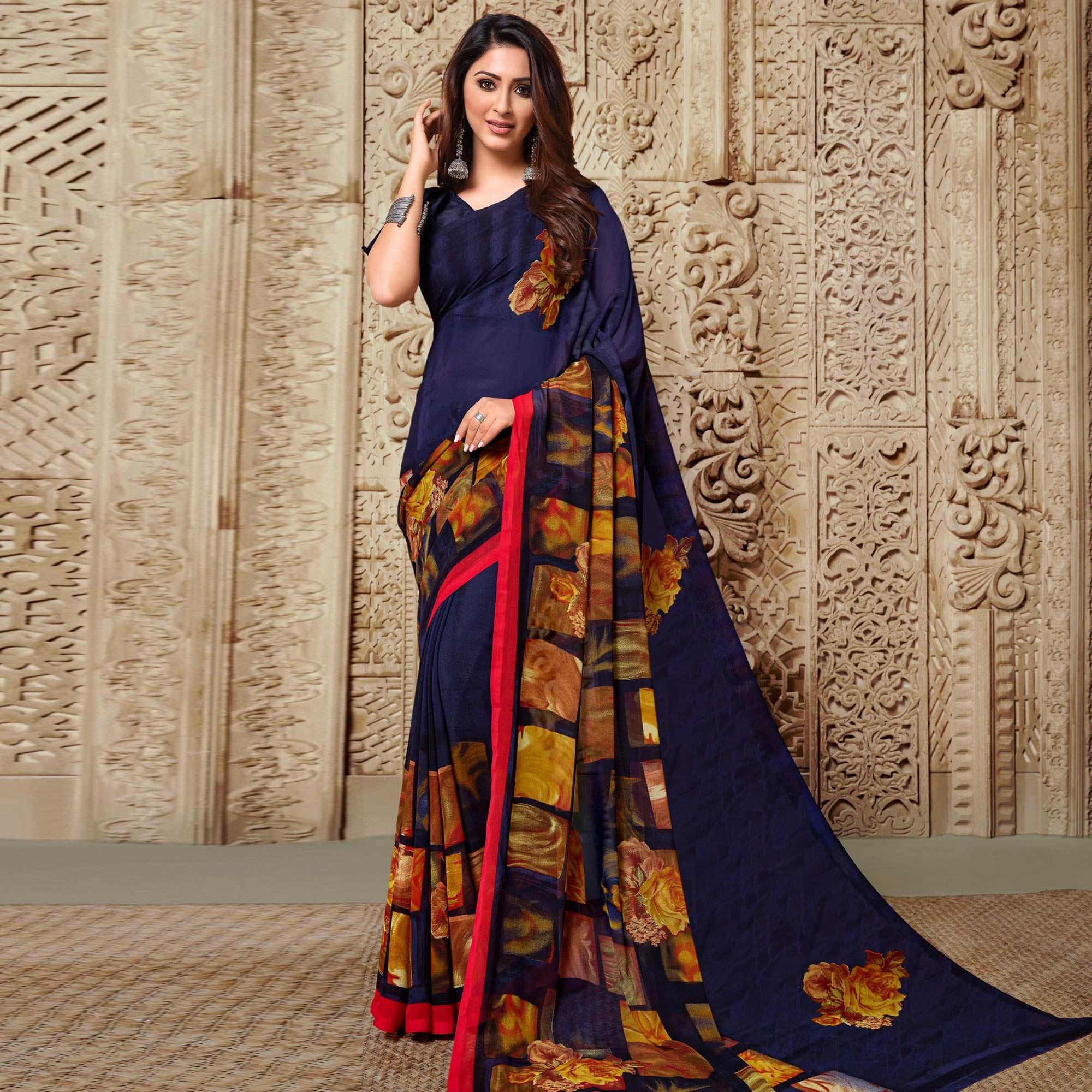 Blue Floral Printed Georgette Saree - Peachmode