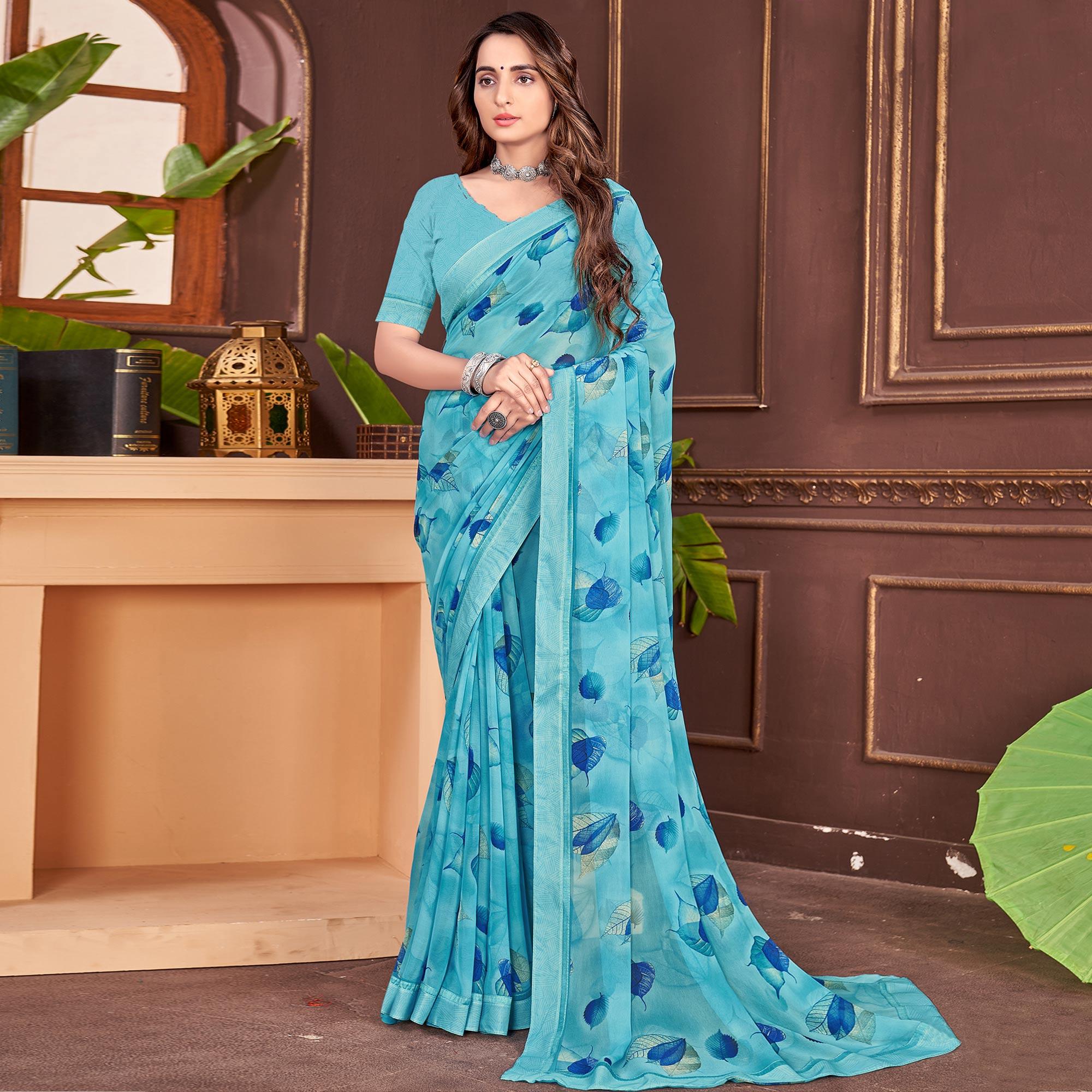 Blue Floral Printed Georgette Saree - Peachmode