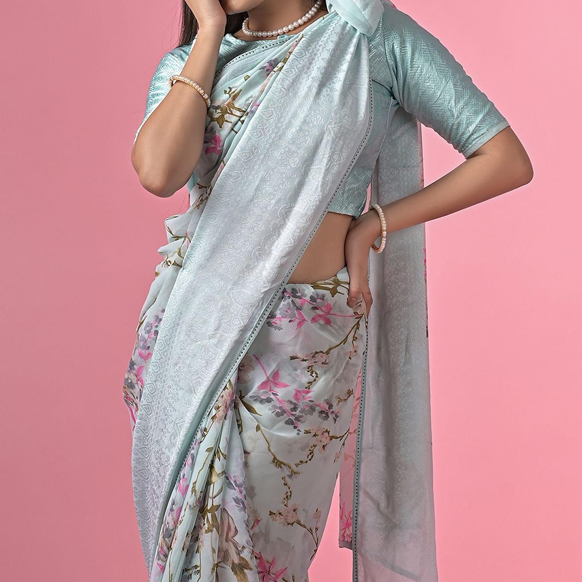 Blue Floral Printed Georgette Saree - Peachmode