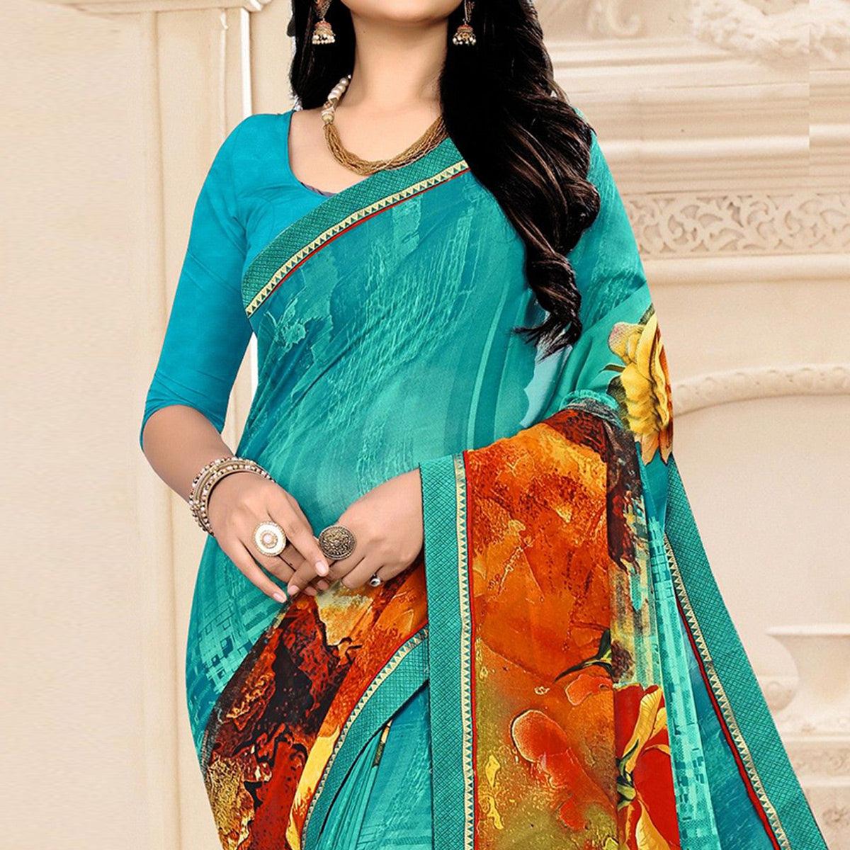 Blue Floral Printed Georgette Saree - Peachmode