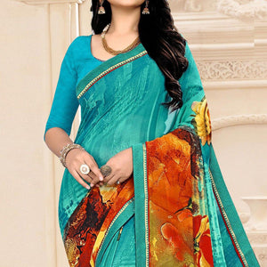 Blue Floral Printed Georgette Saree - Peachmode