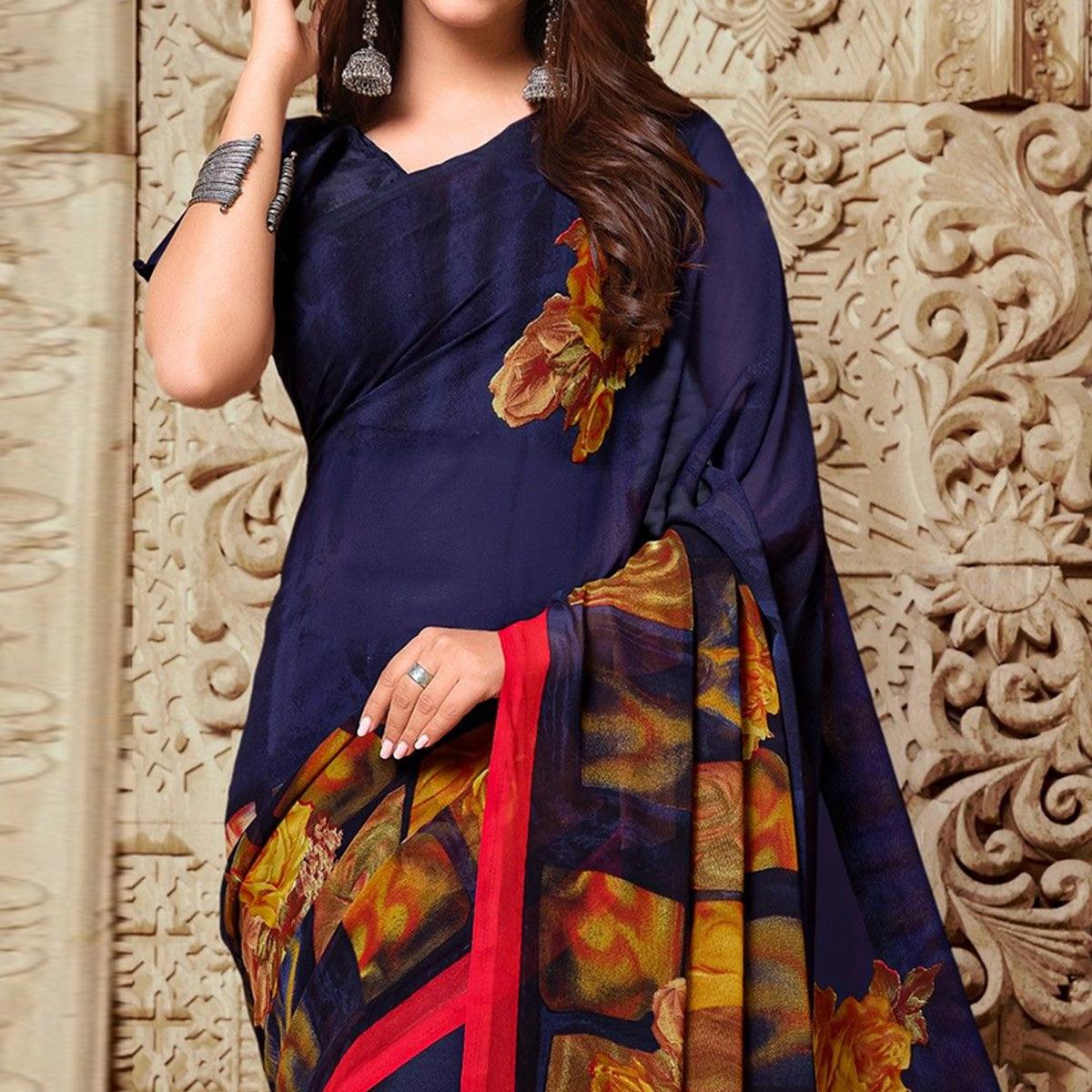 Blue Floral Printed Georgette Saree - Peachmode