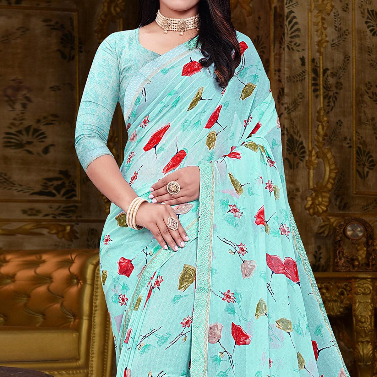 Blue Floral Printed Georgette Saree - Peachmode