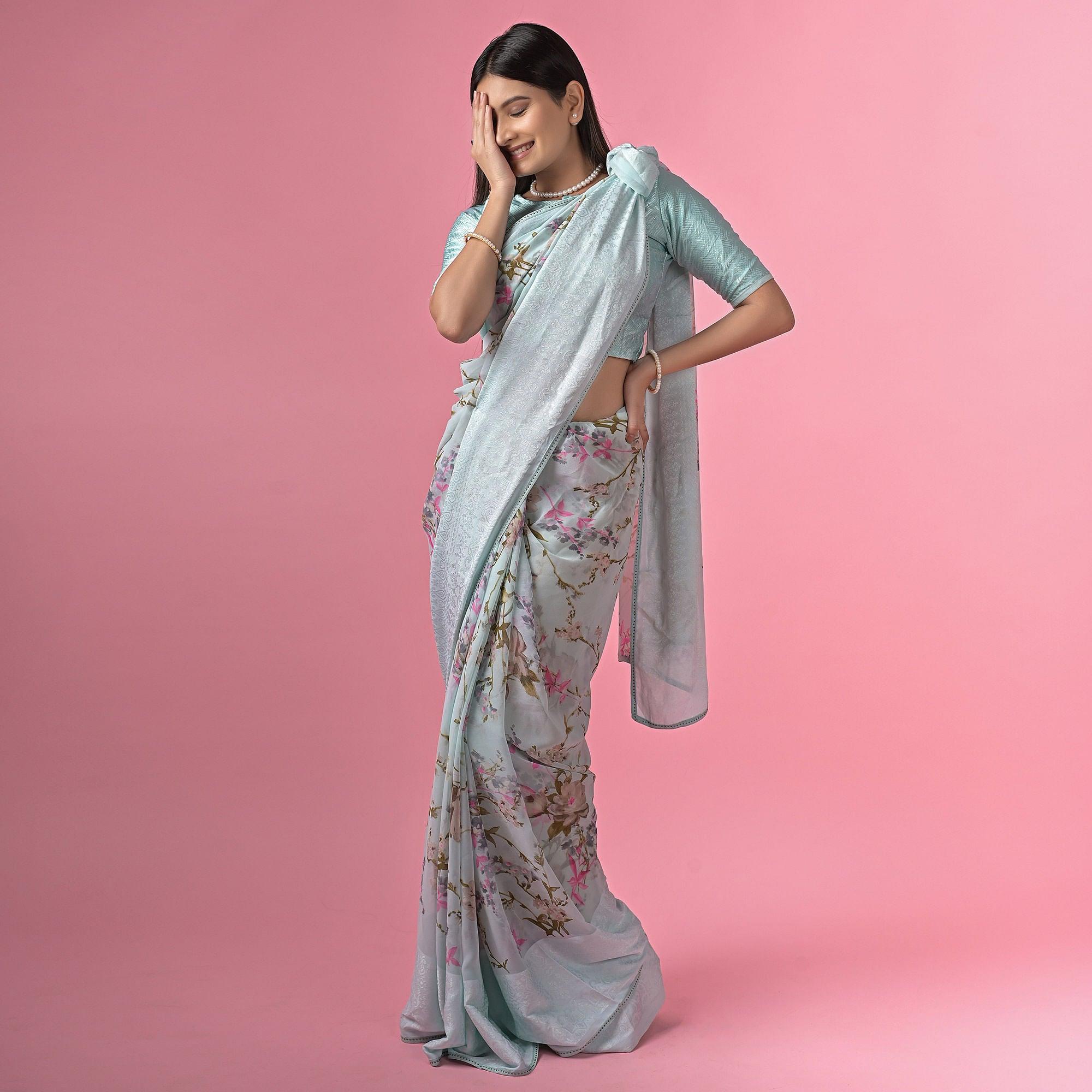 Blue Floral Printed Georgette Saree - Peachmode