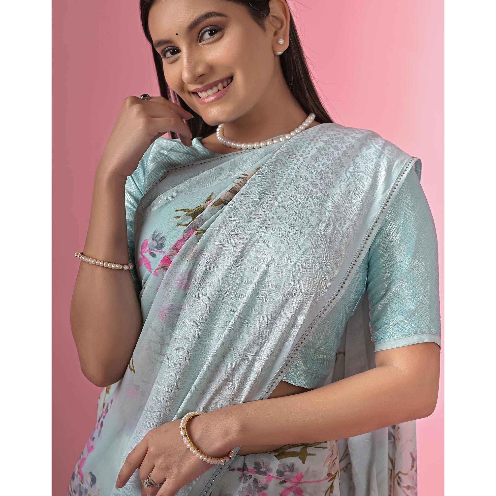 Blue Floral Printed Georgette Saree - Peachmode