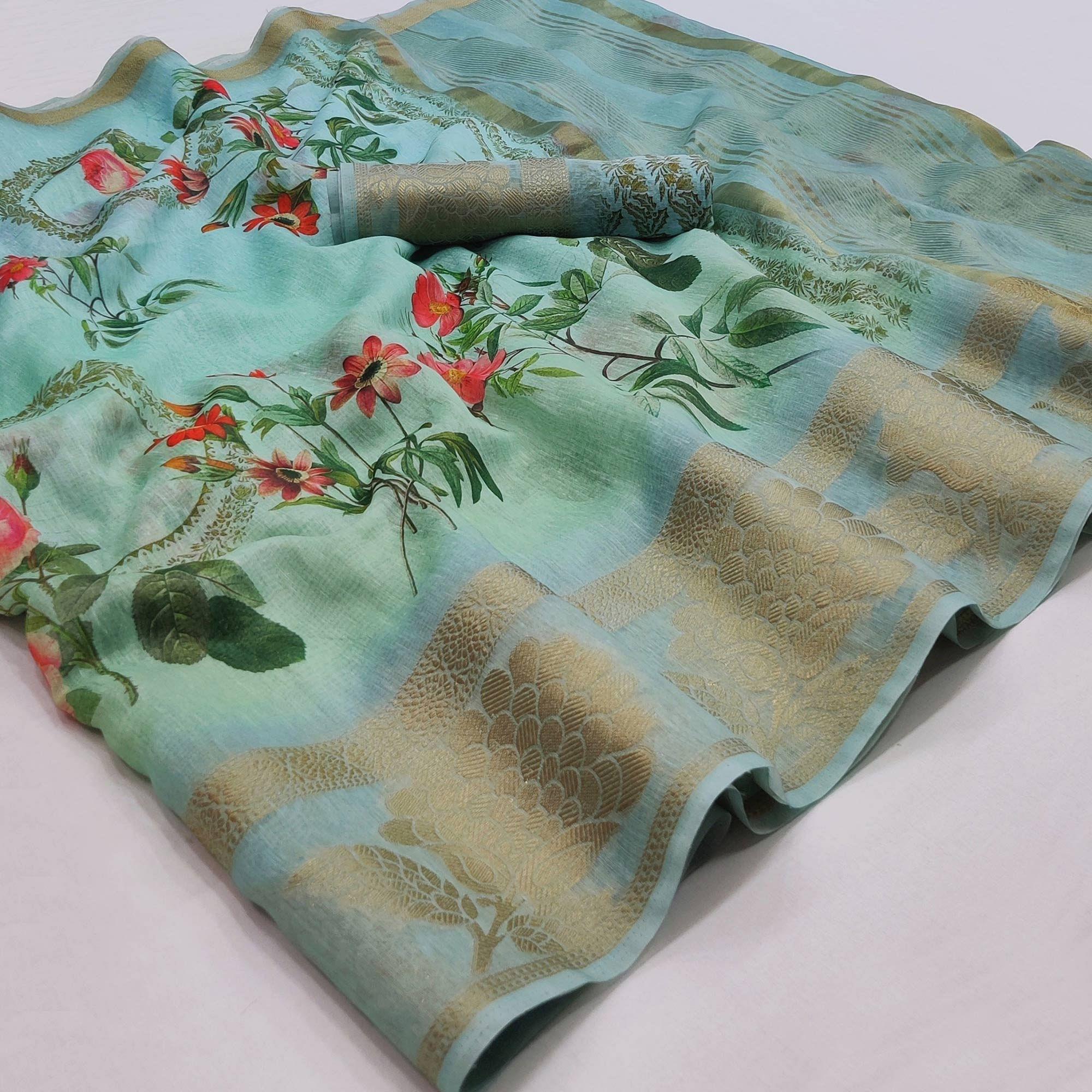 Blue Floral Printed Linen Saree - Peachmode
