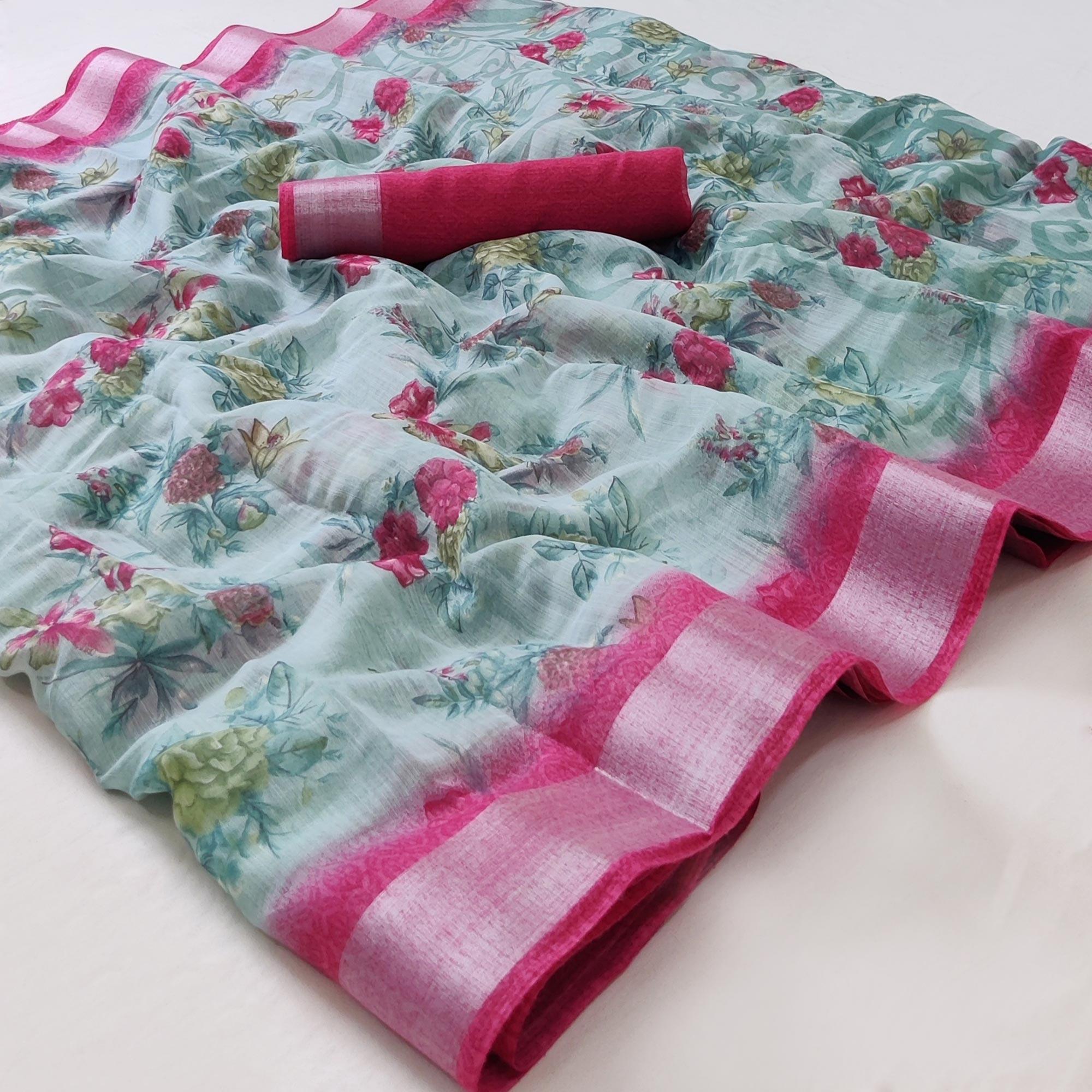 Blue Floral Printed Linen Saree - Peachmode