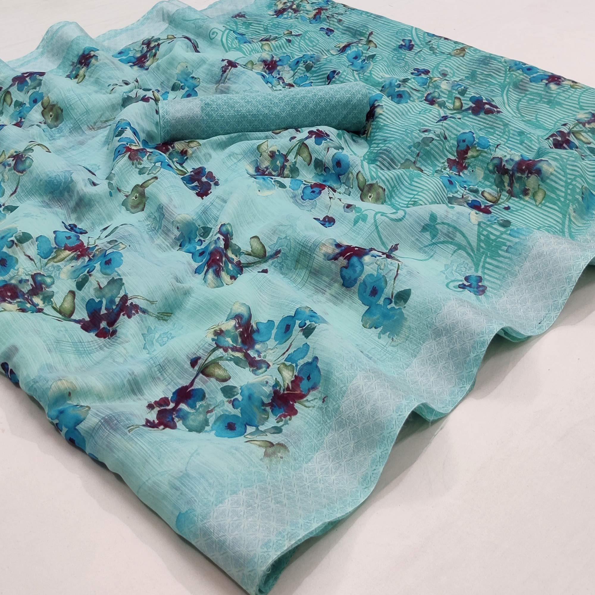 Blue Floral Printed Linen Saree - Peachmode