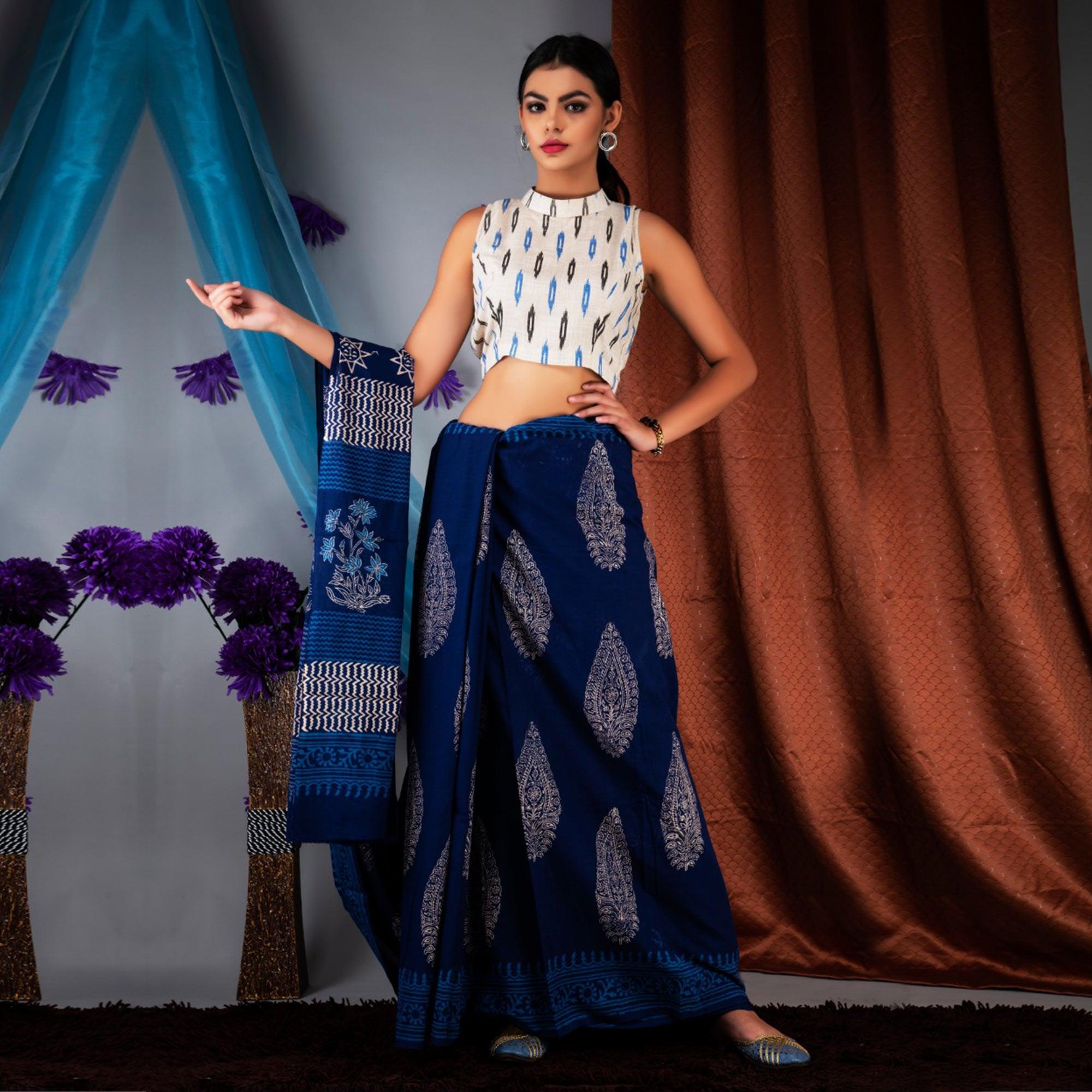 Blue Floral Printed Linen Saree - Peachmode