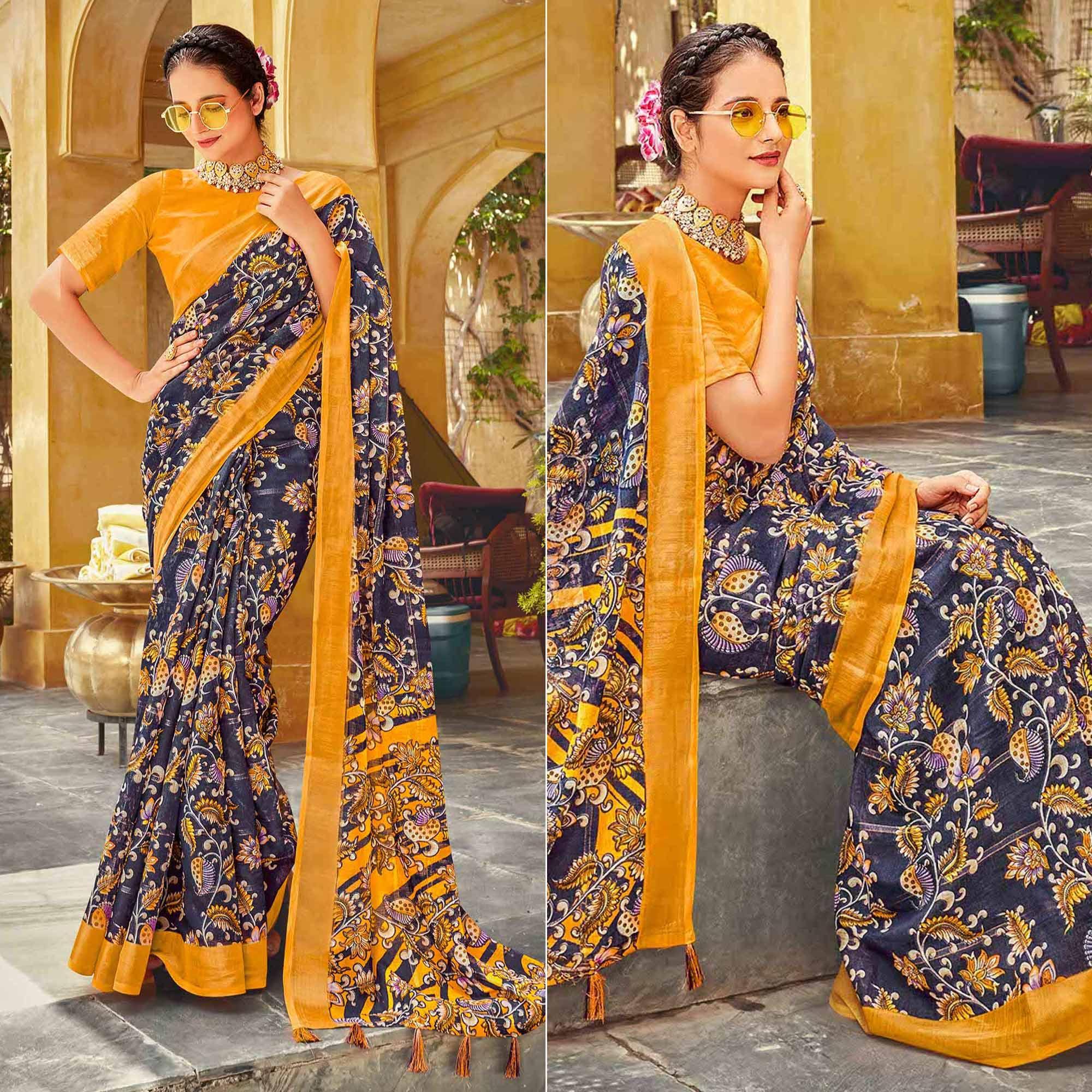 Blue Floral Printed Linen Saree - Peachmode