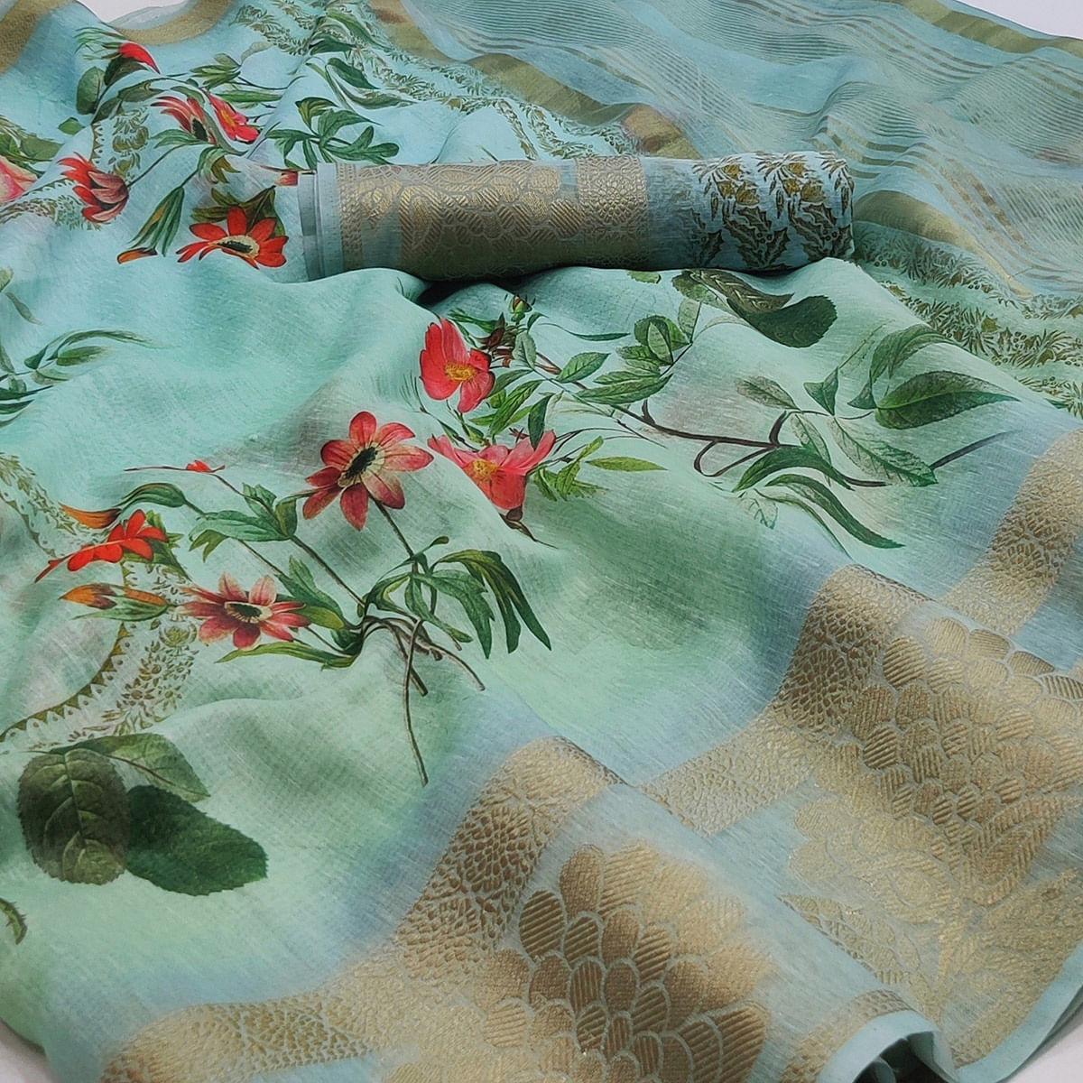 Blue Floral Printed Linen Saree - Peachmode