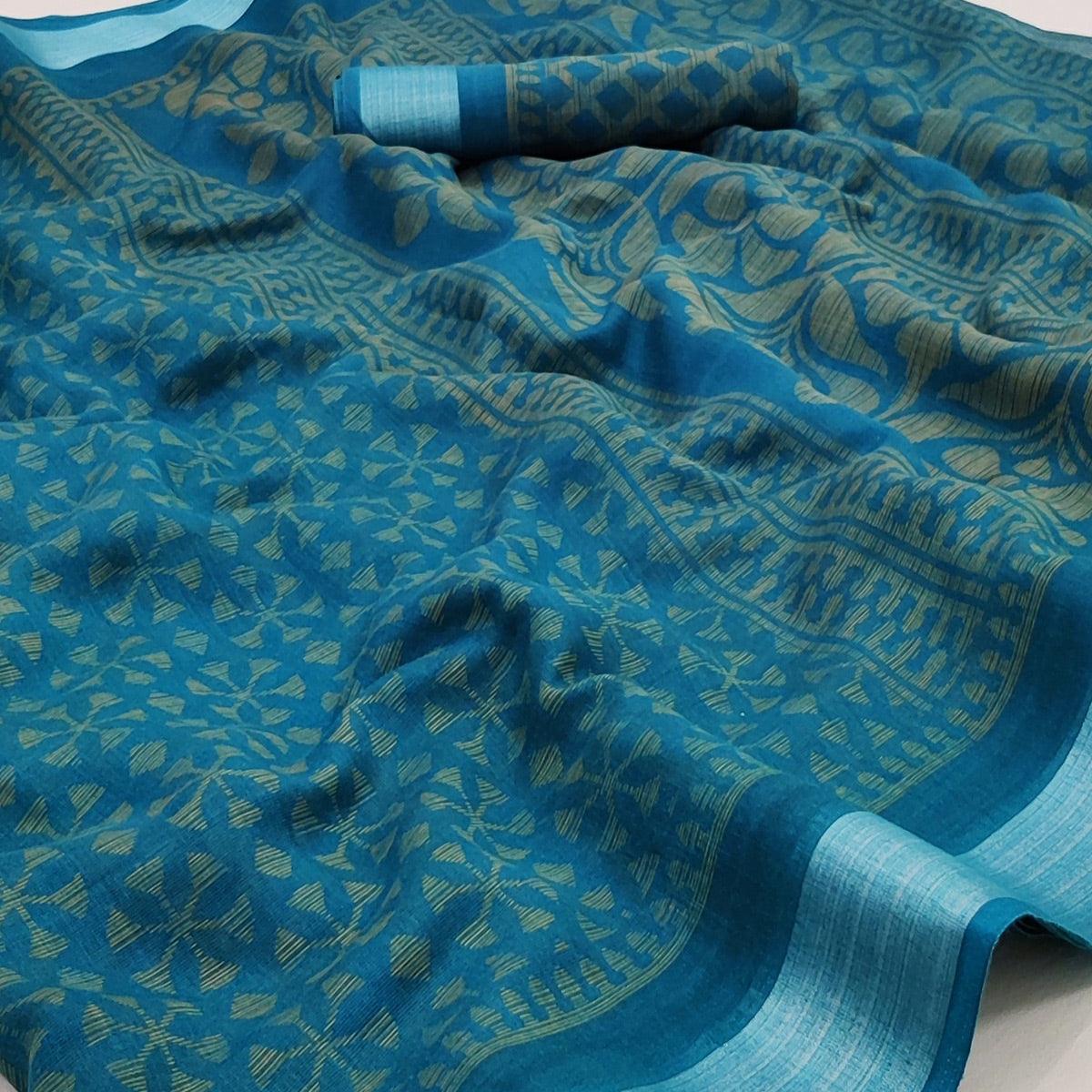 Blue Floral Printed Linen Saree - Peachmode