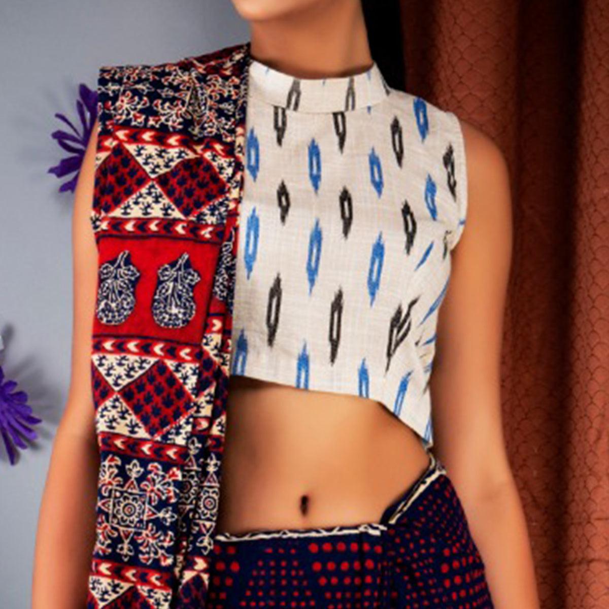 Blue Floral Printed Linen Saree - Peachmode