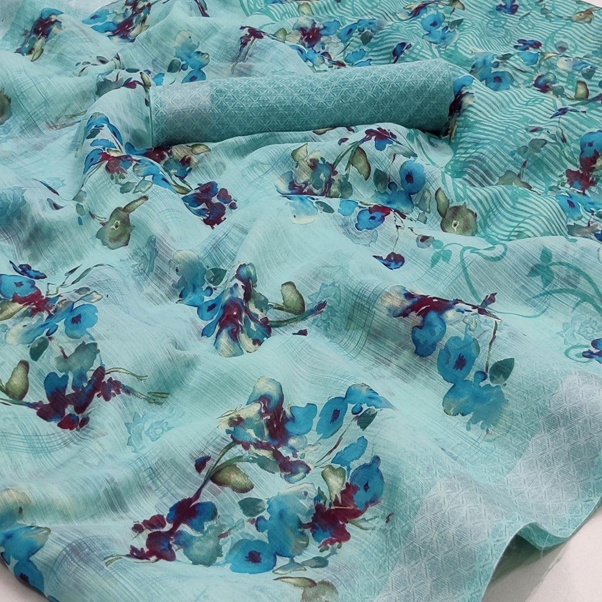 Blue Floral Printed Linen Saree - Peachmode