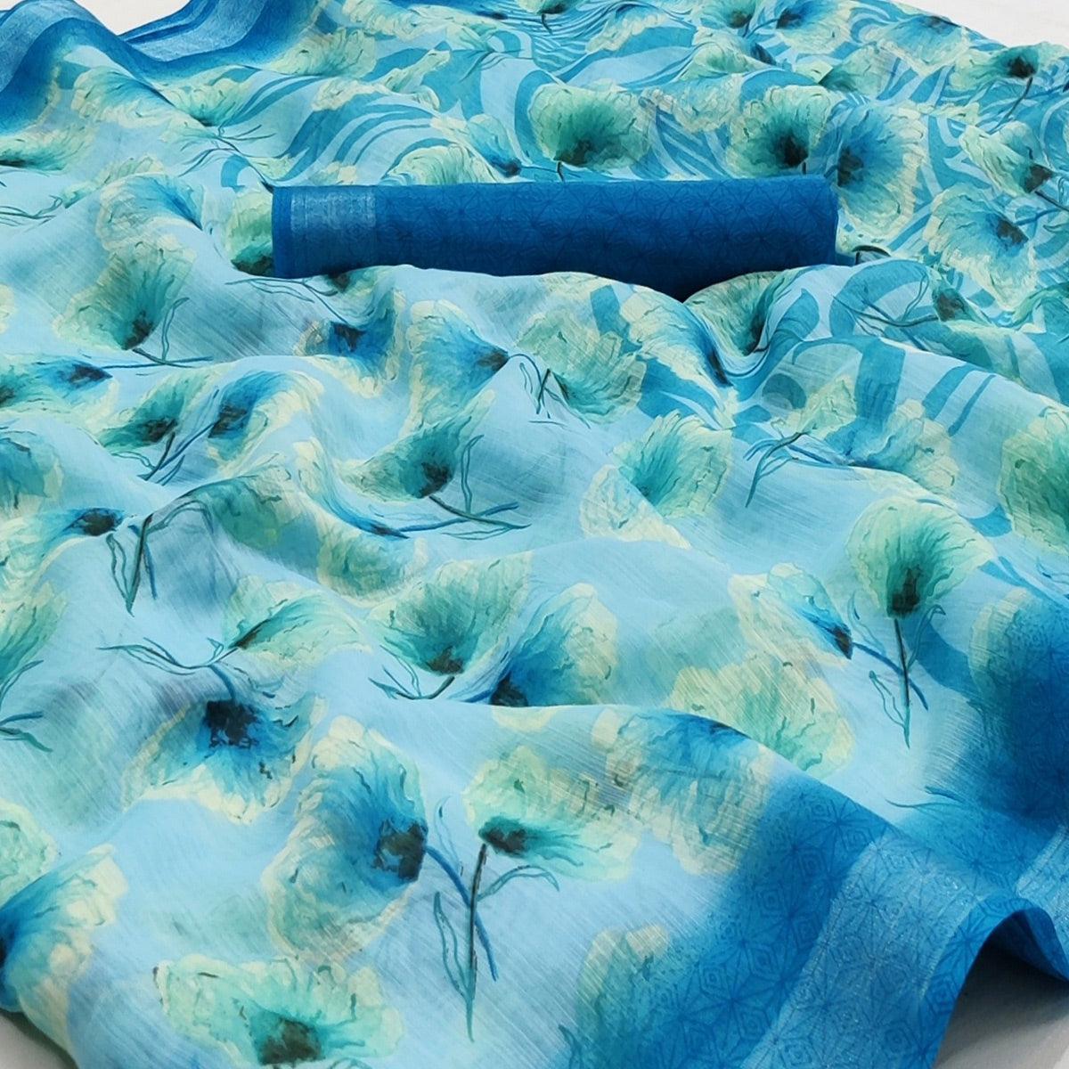 Blue Floral Printed Linen Saree - Peachmode