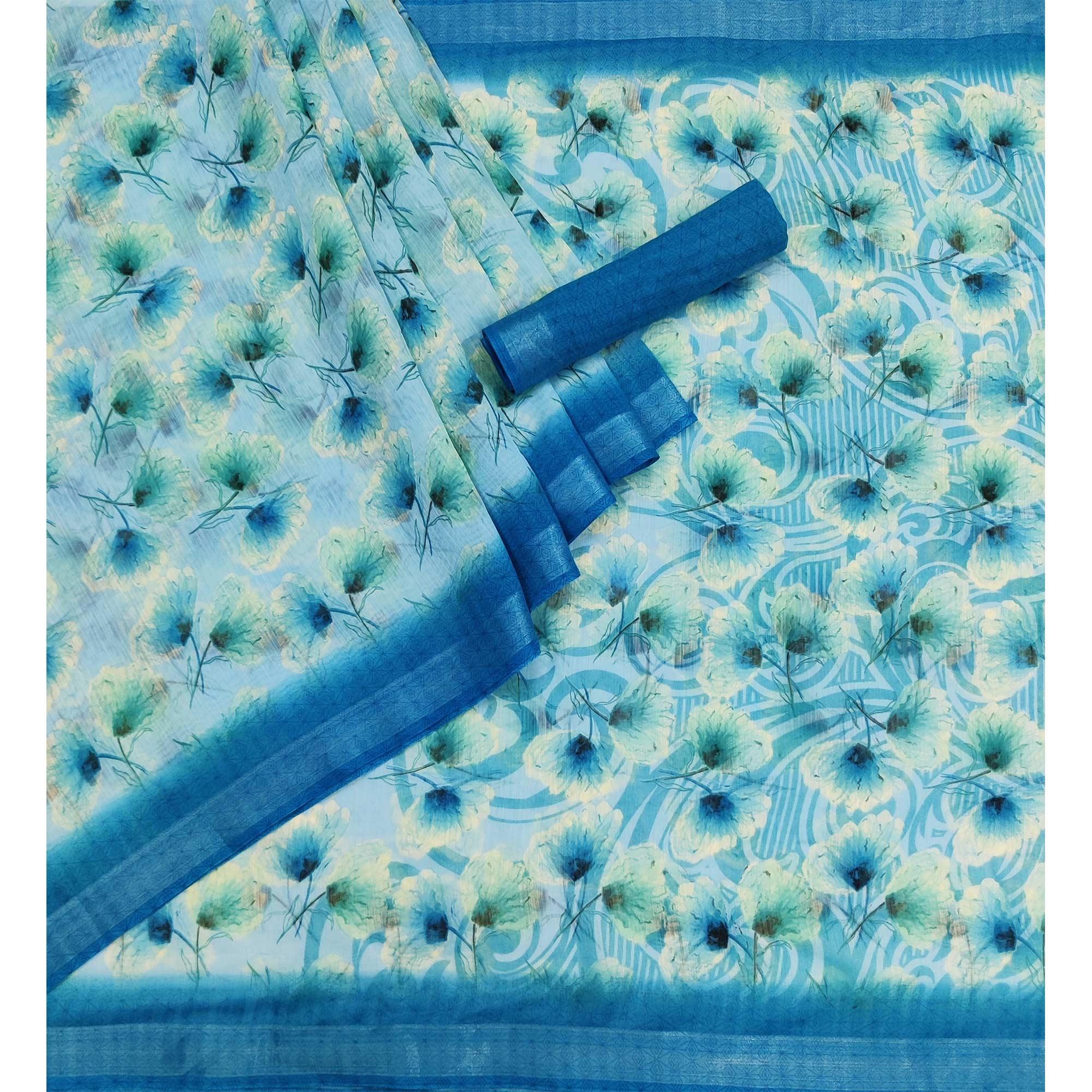 Blue Floral Printed Linen Saree - Peachmode