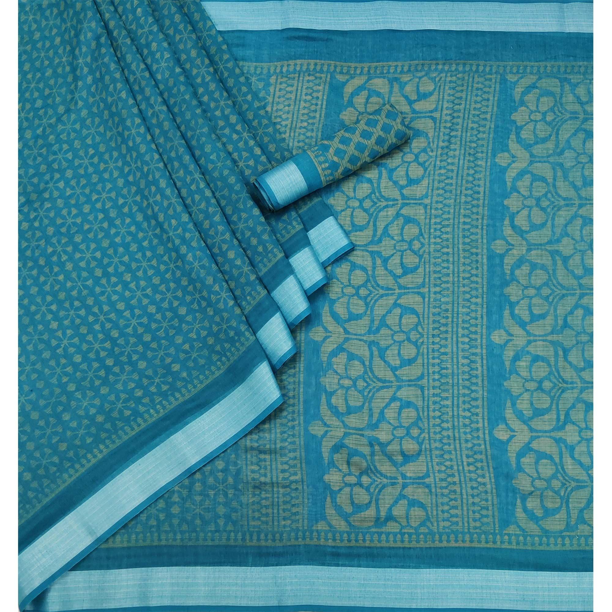 Blue Floral Printed Linen Saree - Peachmode