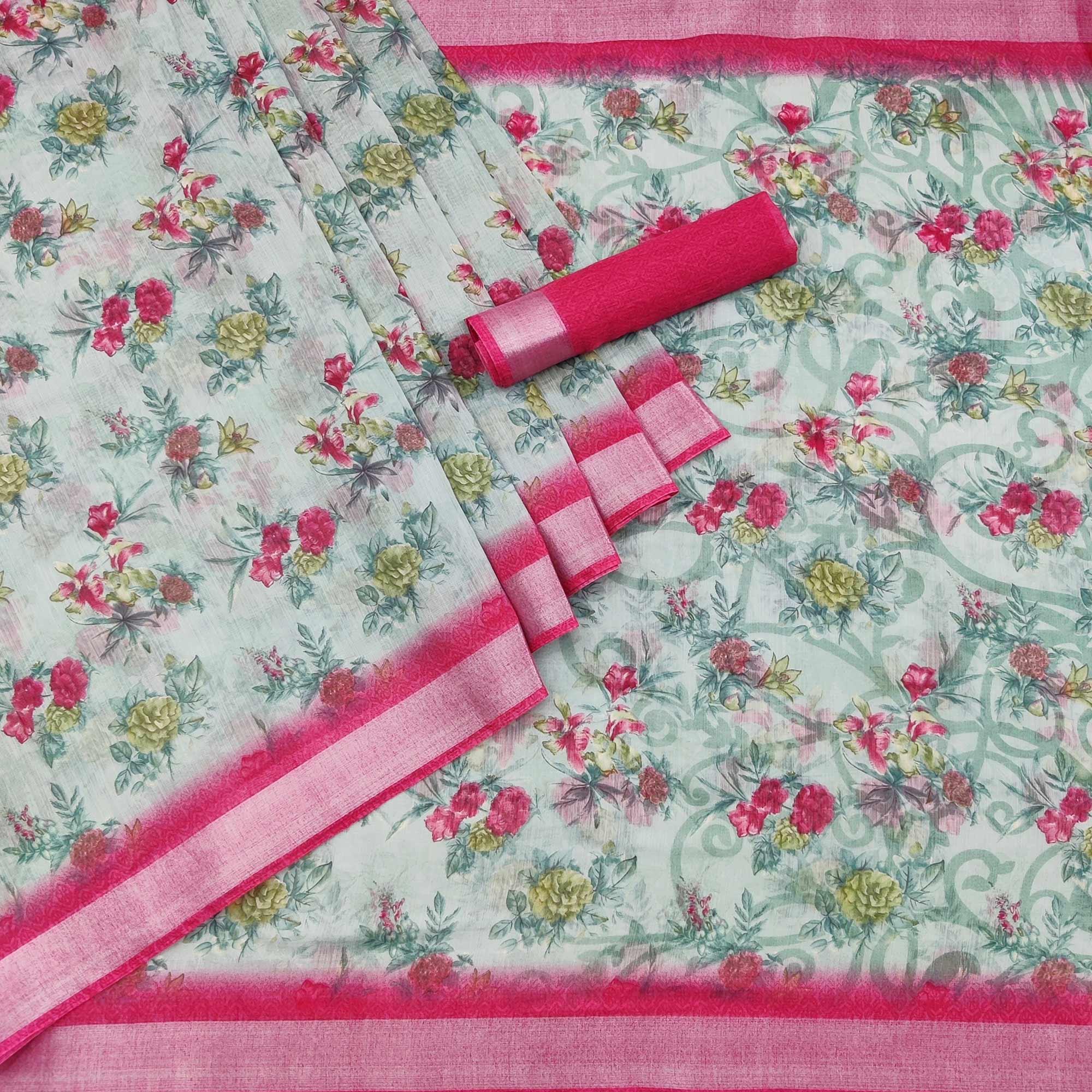 Blue Floral Printed Linen Saree - Peachmode