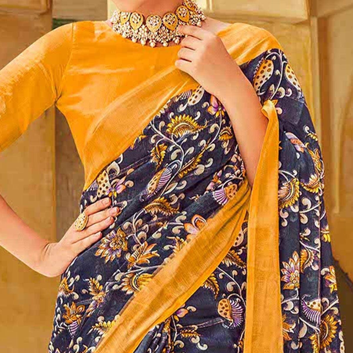 Blue Floral Printed Linen Saree - Peachmode