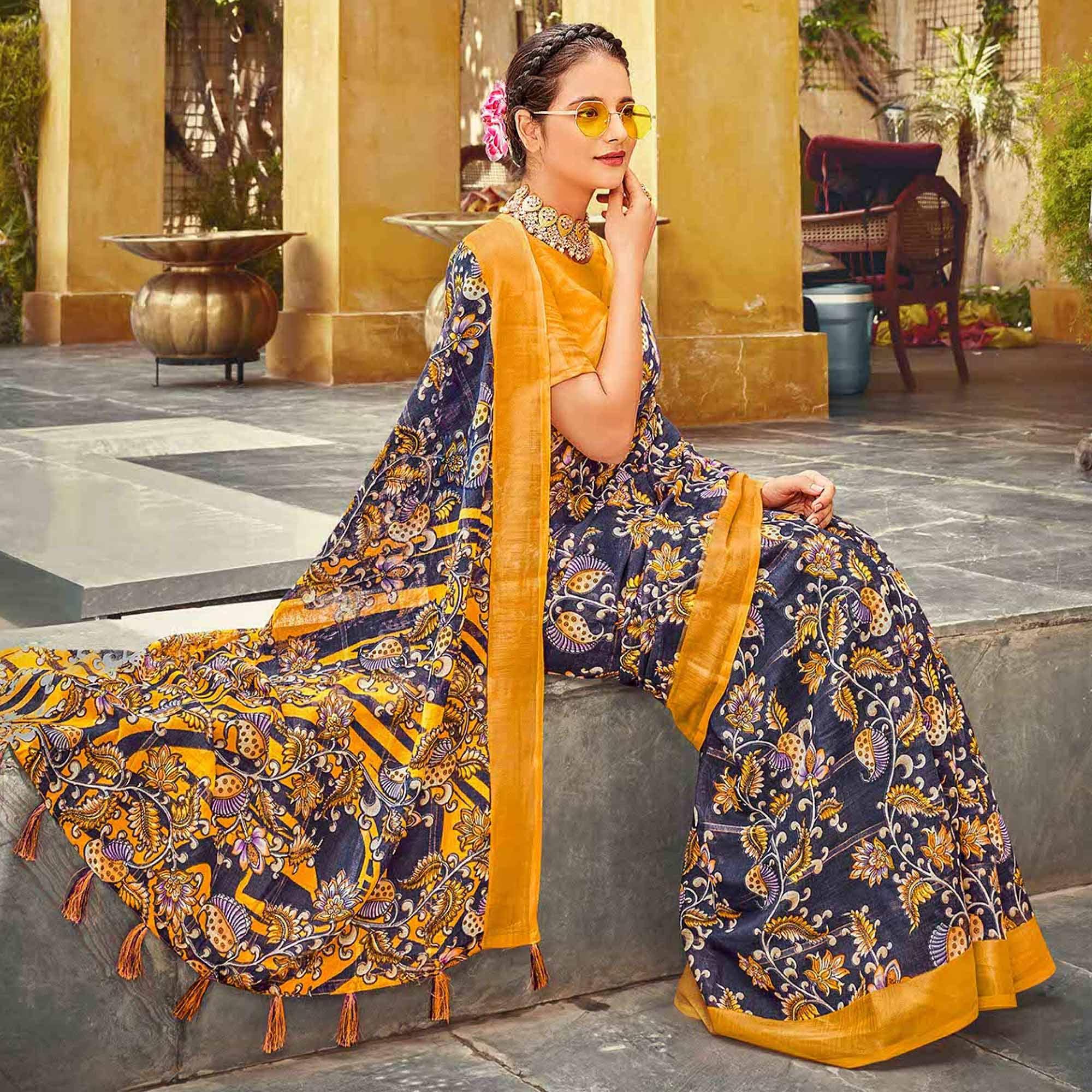 Blue Floral Printed Linen Saree - Peachmode